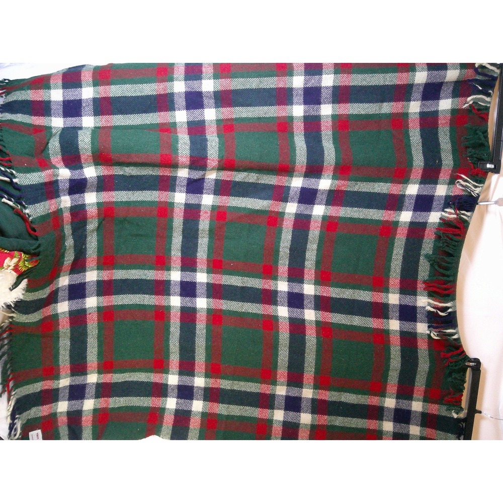Vintage Troy Robe Wool Fringe Blanket Plaid Green Red Blue Tartan Stadium‎ Throw